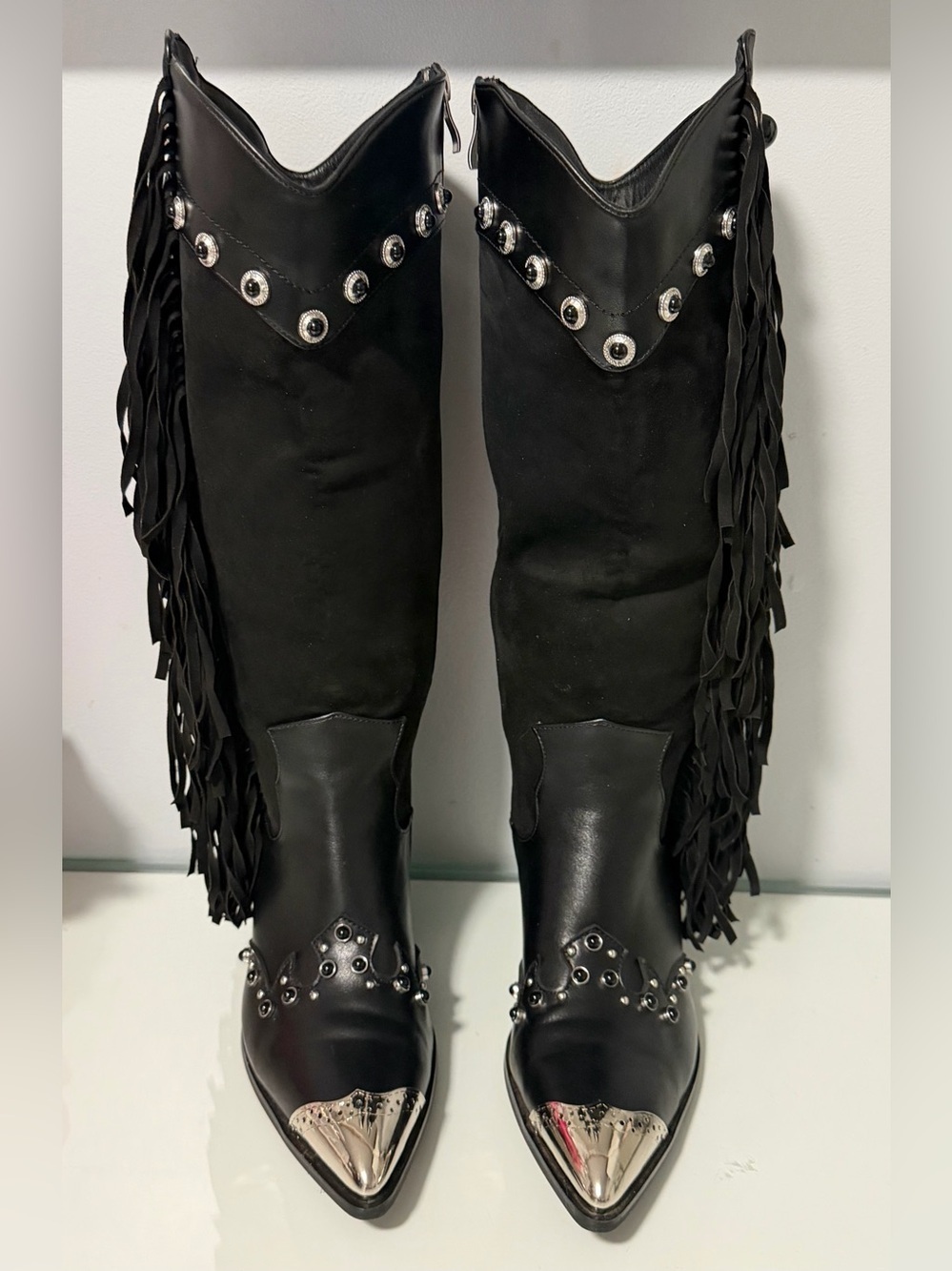Black Fringed Western Knee-High Boots with Silver Accents
